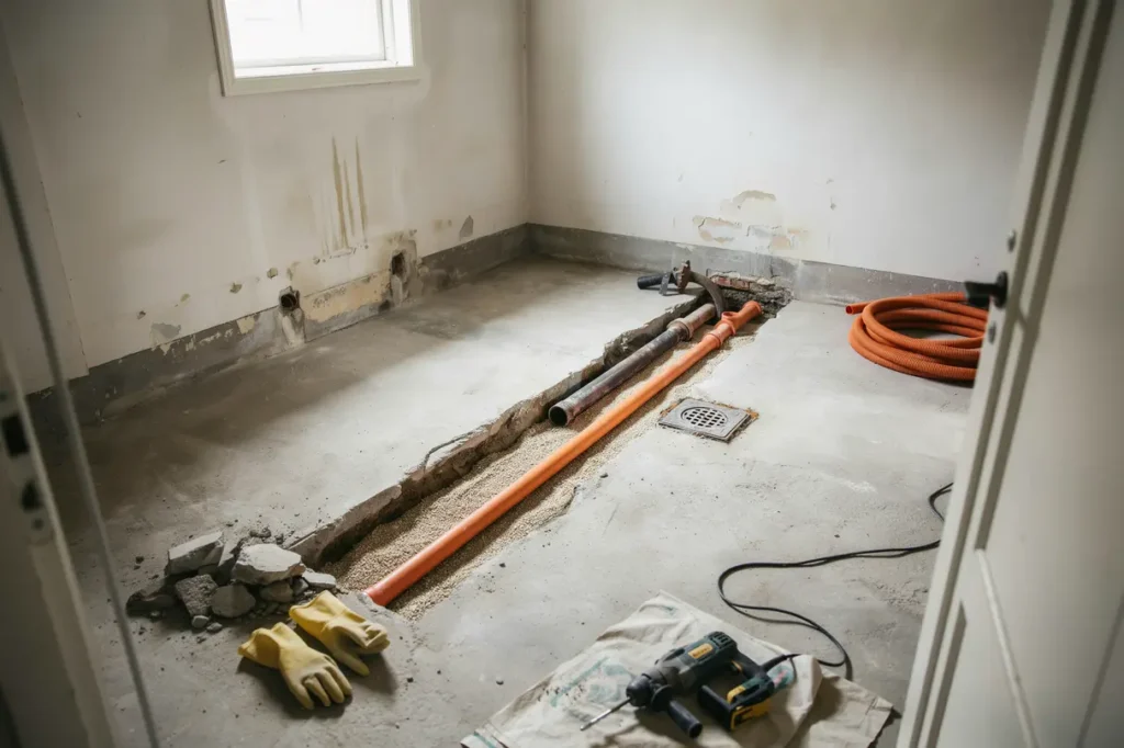 stambyte i k llare och platta s g r byte av avloppsr r med bilning till hemma i villan